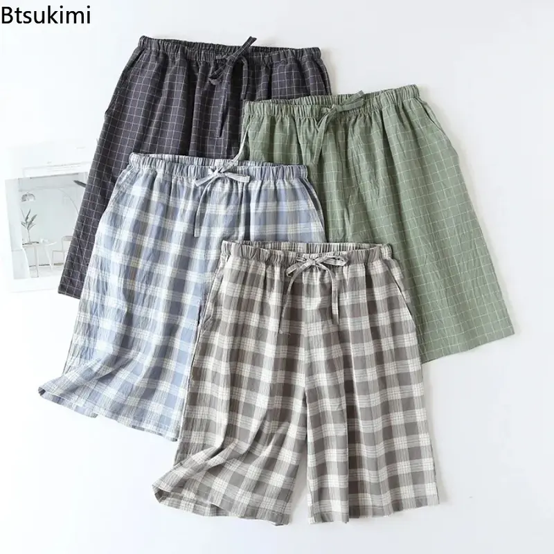 New Japanese Style Plaid Casual Sleeping Shorts for Men Fashion 100% Cotton Homewear Men's Breathable Double-layer Sleep Bottoms
