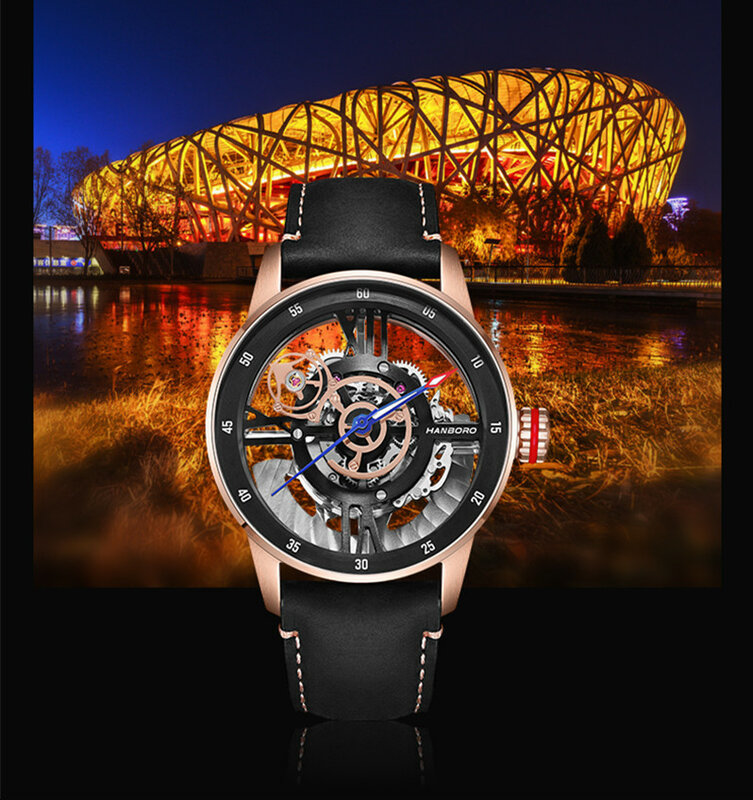 Hanboro Bird's Nest Ontwerp Automatische Horloge Mannen Mechanisch Horloge 2021 Luxe Tourbillon Horloge Voor Mannen Lederen Reloj Dorado