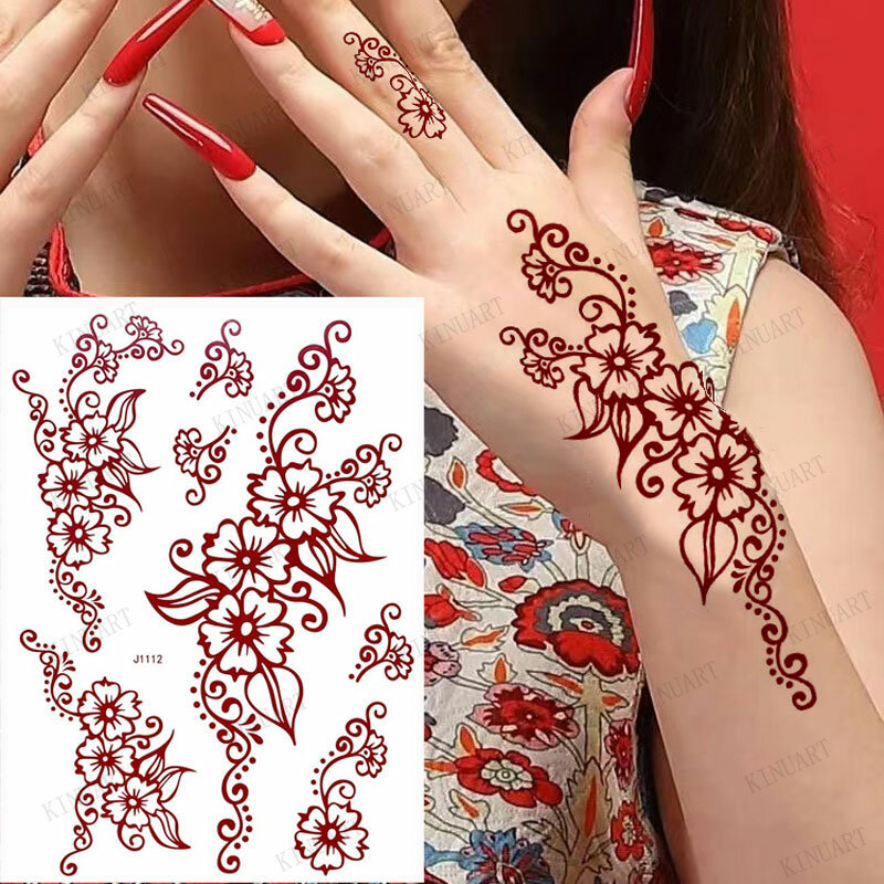 Wodoodporne tymczasowe tatuaże dla kobiet tatuaż z henny naklejki Mehndi projekt fałszywy tatuaż na rękę rękaw na nogę tatuaże do ciała Hena Tatoo