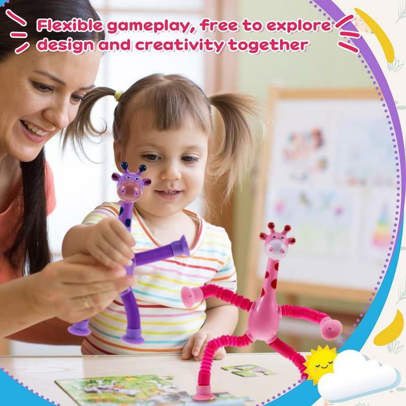 Girafa Ventosa de brinquedo para crianças, fole sensorial, Anti-Stress Squeeze Toy, luz telescópica, novo, 1Pc, 4 Pcs