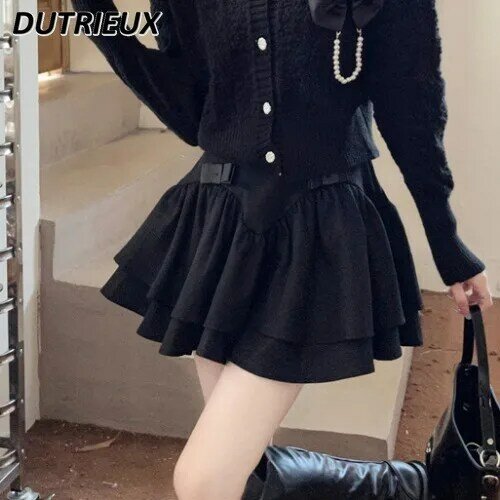 Oversize francuski styl słodkie dziewczęce bufiaste krótkie spódniczki damskie jesienno-zimowe czarne odchudzające plisowane krótka spódniczka
