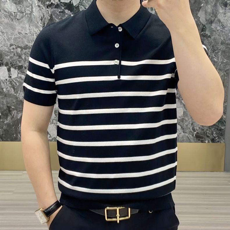 Korean Clothing Smart Casual Splicing Stripe Slim Polo Shirts Summer Men Knitted Streetwear Fashion Short Sleeve Versatile Tops