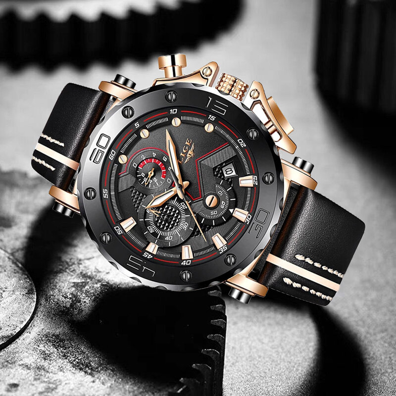 LIGE Leder Uhren Herren Luxus Marke Big Uhr Männer Wasserdicht Quarz Armbanduhr Sport Chronograph Uhr Relogio Masculino