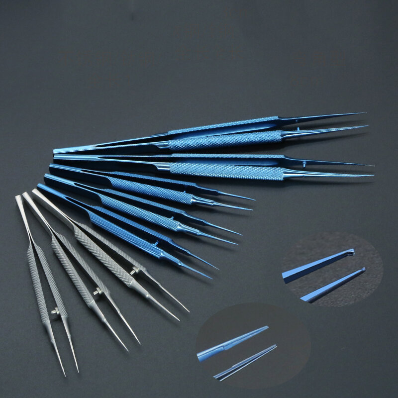 Micropincettes ophtalmiques en acier inoxydable, crochet droit avec dents 14cm 16cm, pince à main avec plate-forme à poignée ronde courbe Fine L
