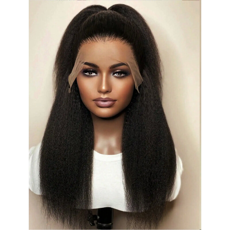 Yaki Glueless Synthetic Lace Front Wig, cabelo do bebê, parte do meio, Kinky, Em linha reta, pré-arrancadas, macio, natural, preto, longo, 26 ", 180 Densidade