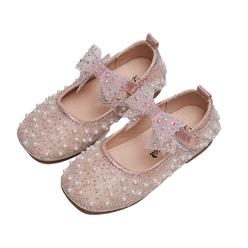 Zapatos de princesa con lazo y lentejuelas para niña, zapatos planos de cuero con diamantes de imitación para fiesta, 2023