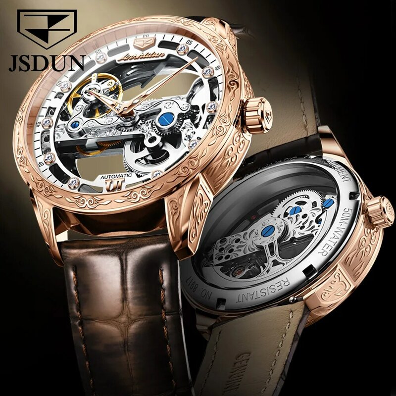 JSDUN-Relógio Mecânico Automático para Homens de Negócios, See-through, Esqueleto Design, Couro, Impermeável, Safira, Relógios de Vidro, 8917