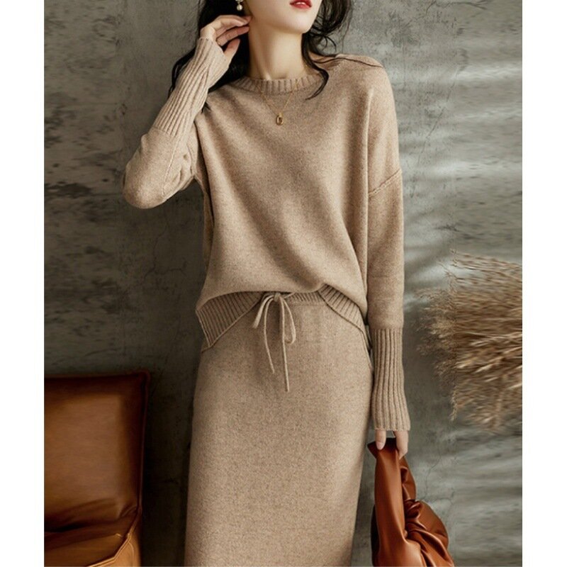 Set pakaian wanita model Korea, setelan gaun Sweater rajut wanita, Sweater Pullover longgar, set rok wanita, pakaian sweter rajut Solid, set dua potong