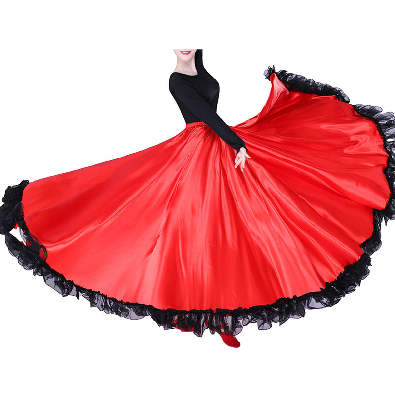 Falda de baile de toro Flamenco español para mujer, falda completa de danza del vientre, dobladillo con volantes, gran Swing, disfraz de Flamenco, maxifalda de satén