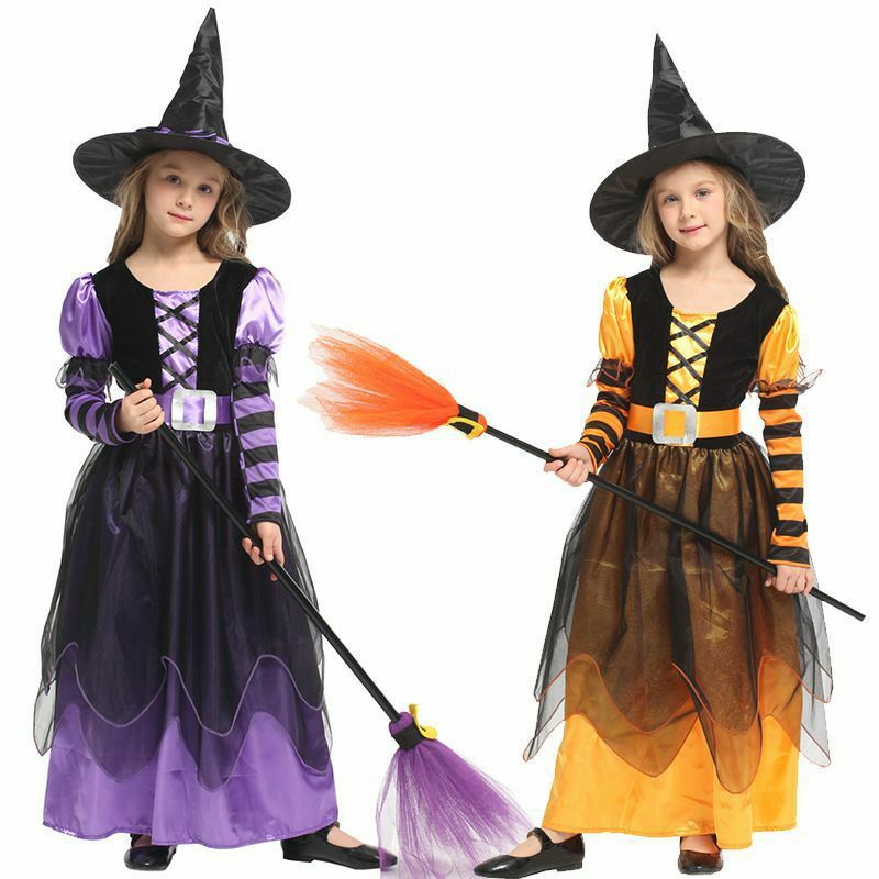 Halloweenowa dziecięca czarownica kostium księżniczki z kapeluszem do makijażu piłka kostium czarownicy impreza z okazji Halloween sukienka Cosplay czarownicy