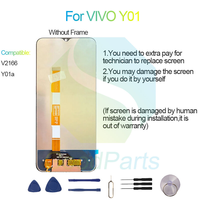 Substituição da tela táctil do LCD, digitalizador para VIVO Y01, 1600x720, V2166, Y01a