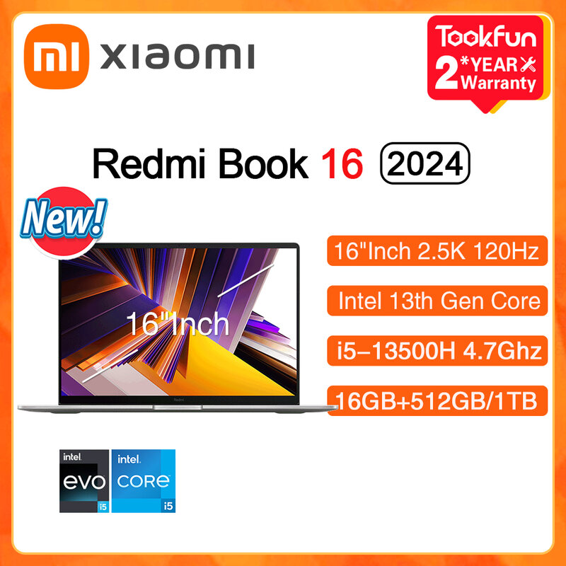 XIAOMI Redmi Book 16 2024, Laptop Intel i5 13500H RAM 16GB SSD 512GB 16 "inci 2.5K 120Hz Windows 11 Notebook Ultrabook komputer PC