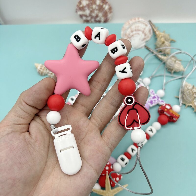 Chupete de silicona personalizado con Nombre del alfabeto para bebé, mordedor de dibujos animados, cadenas, colgantes, juguete Kawaii, regalo