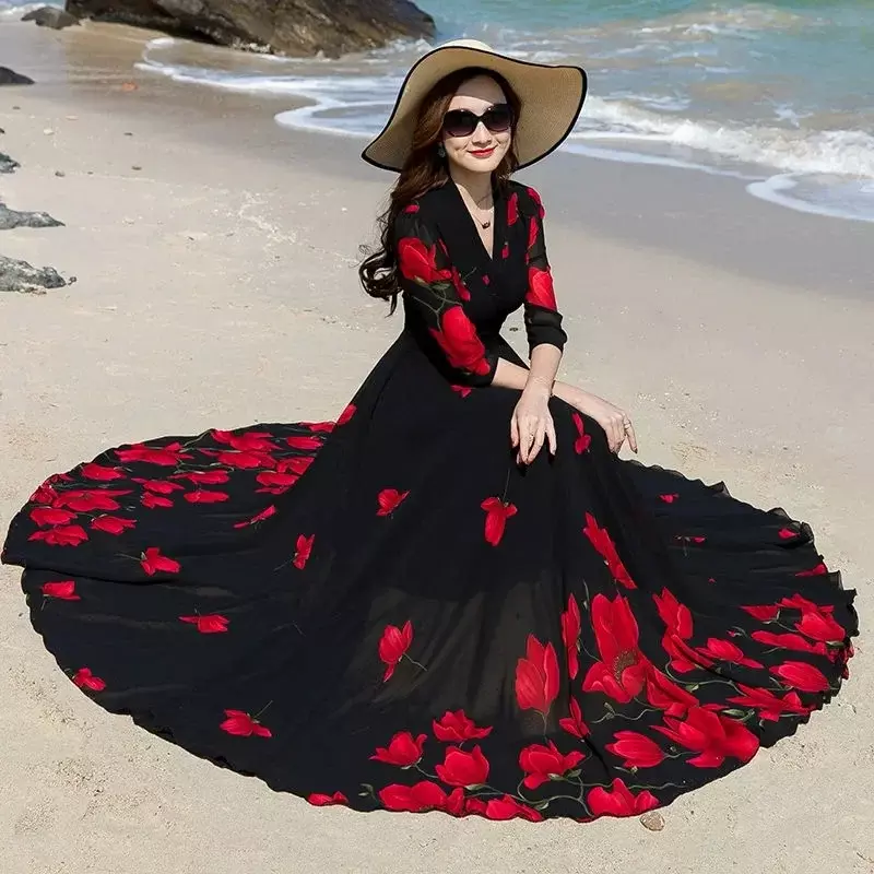 فستان شيفون نسائي مطبوع برقبة V ، بطول الخصر ، أرجوحة كبيرة براقة ، تنورة طويلة رفيعة للشاطئ ، مثيرة ، النسخة الكورية ، الصيف ، جديد ،