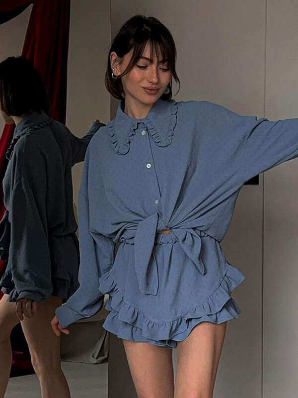 Marthaqiqi Loose Female Sleepwear Set Peter Pan Collar Pajamas Long Sleeve Nightgowns Shorts Casual Blue Nightwear 2 Piece Suit
