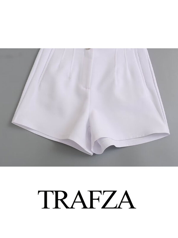 Trafza Vrouwen Zomer Mode Chique Shorts Witte Hoge Taille Zak Knoop Versieren Rits Vrouwelijke High Street Stijl Korte Broek