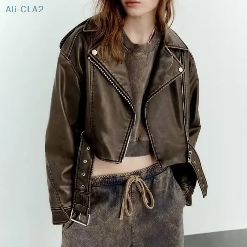 Женская короткая куртка из искусственной кожи, винтажная Свободная куртка из искусственной кожи с поясом, уличная одежда, Женское пальто на молнии в стиле ретро, верхняя одежда, топы