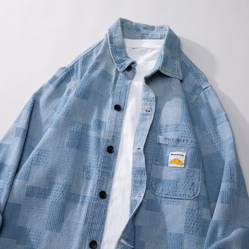 남성용 빈티지 데님 재킷, Y2k 워시 코튼 자카드 블루 자케타 청바지, 스트리트웨어, 싱글 브레스트 코트