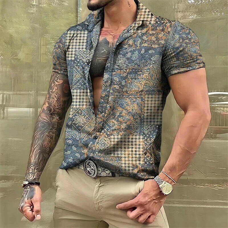 Camisa havaiana de manga curta masculina, camisa xadrez vintage, streetwear casual, tops unissex, moda de luxo, nova, verão, 2022