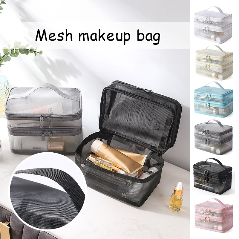 Bolsa de maquillaje de malla portátil, bolsa de viaje ligera, almacenamiento de cosméticos, bolsa de aseo, accesorios para exteriores