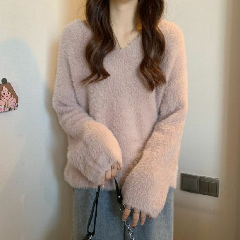 女性用長袖ニットセーター,Vネックセーター,単色,厚手のニットウェア,韓国のファッション,秋冬