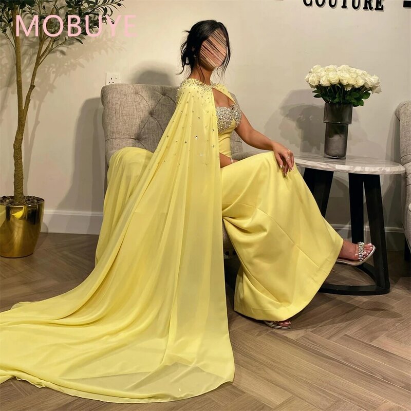 MOBUYE 2024 Arab Dubai Halter Neckline Prom Dress Shawl Sleeves With Floor Length Evening Fashion Elegant Party Dress For Women
