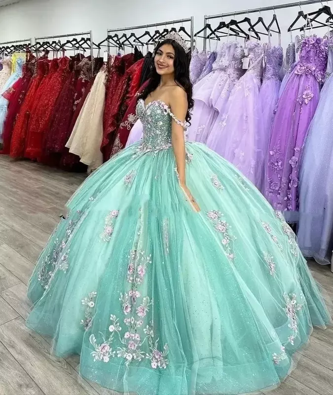 Miętowa ukochana księżniczka Quinceanera sukienki bez ramion 3D aplikacja Vestidos De 15 Anos suknia balowa słodka 16 księżniczka impreza