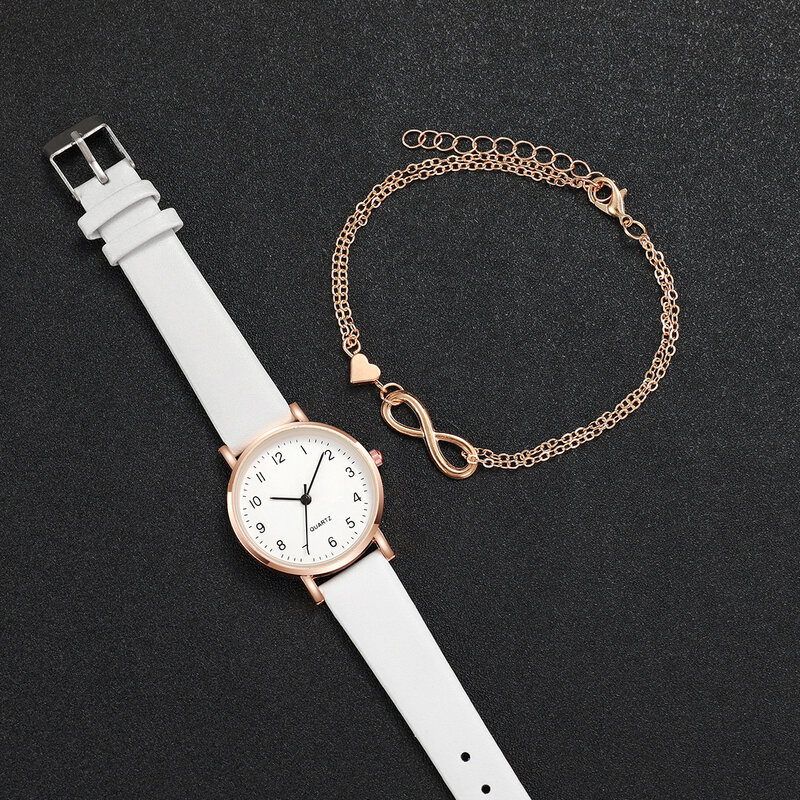 Relógio de couro branco feminino, relógio de quartzo simples com bracelete coração amor, conjunto 2 peças