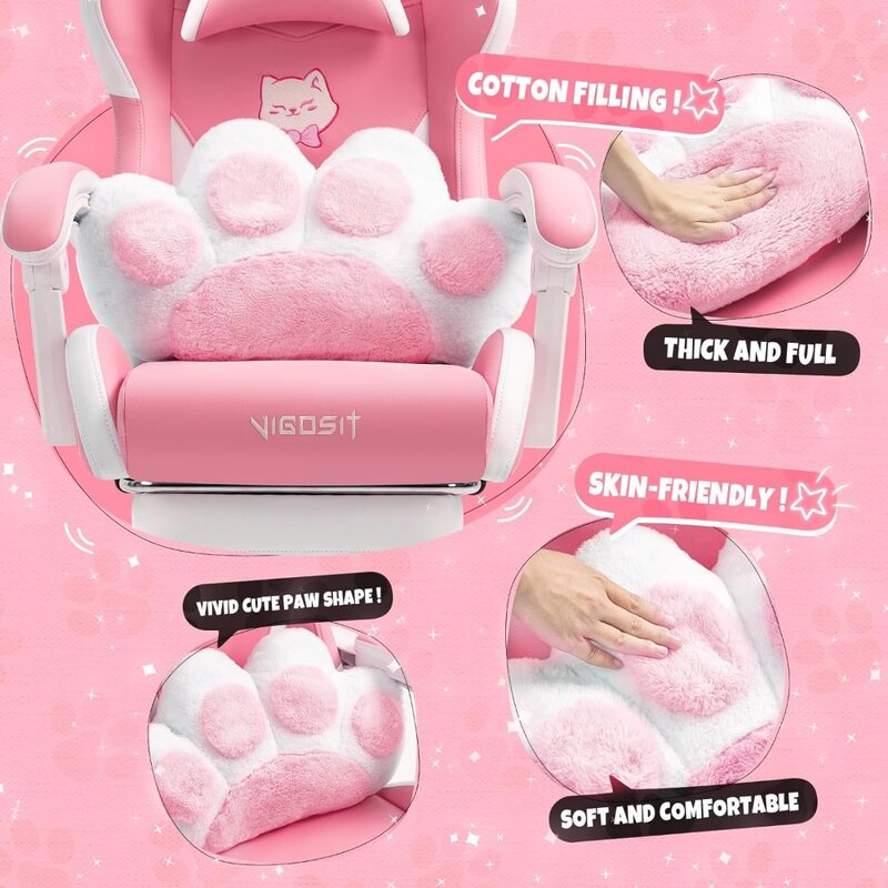 Pink Gaming Chair com Cat Paw Almofada lombar, Poltrona de computador, cadeira reclinável PC Game, meninas e adolescente Gamer cadeira