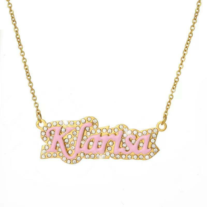 Uwin Name Necklace Stainless Steel Rhinestone Enamel Pendant Personalized Custom Color Pink White Bule Chain Gift