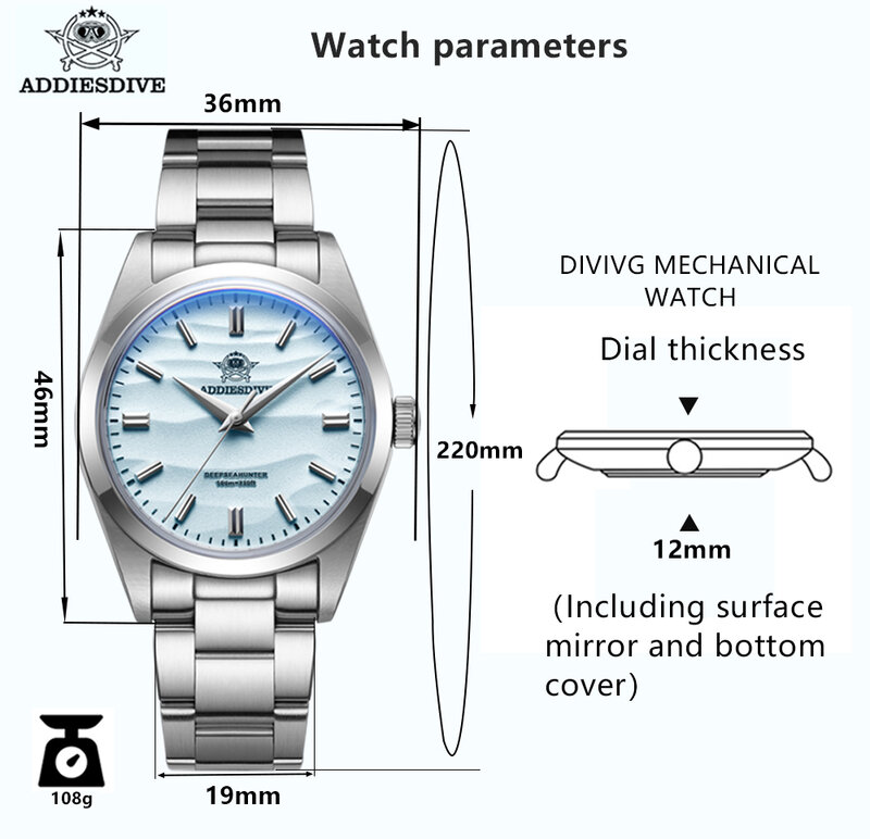 ADDIESDIVE-Relógio de quartzo impermeável masculino, aço inoxidável, vidro espelho bolha, relógio de luxo, marca superior, 36mm, 100m, 316L