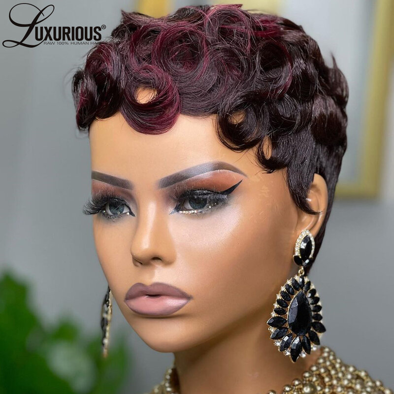 Pre Plucked Pixie Cut Short Full Machine Made Wigs Glueless Burgundy Ginger Wig For Black Women Brazilian Remy Human Hair Wigs