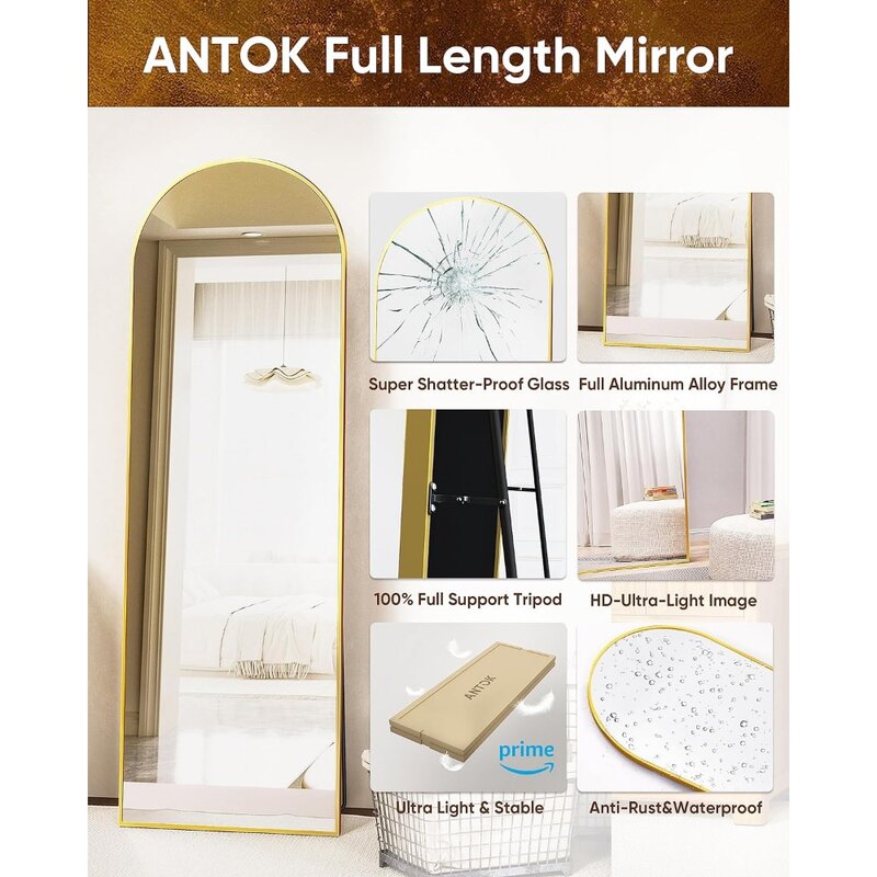 Antok-Espejo de suelo de 64 "x 21", espejo de longitud completa con soporte, espejo de pared arqueado, espejo sin cristal de longitud completa, espejo de suelo dorado