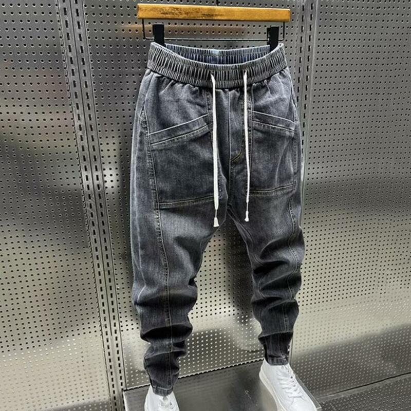Men Pocket Jeans Men's Elastic Drawstring Waist Denim Cargo Pants with Pockets Casual Solid Color Harem Trousers for Spring