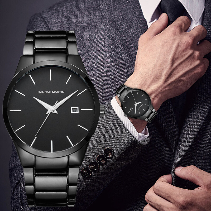 Jam tangan pria Relogio Masculino, jam tangan olahraga merek Top mewah kalender Stainless Steel Quartz mode bisnis Full hitam tahan air
