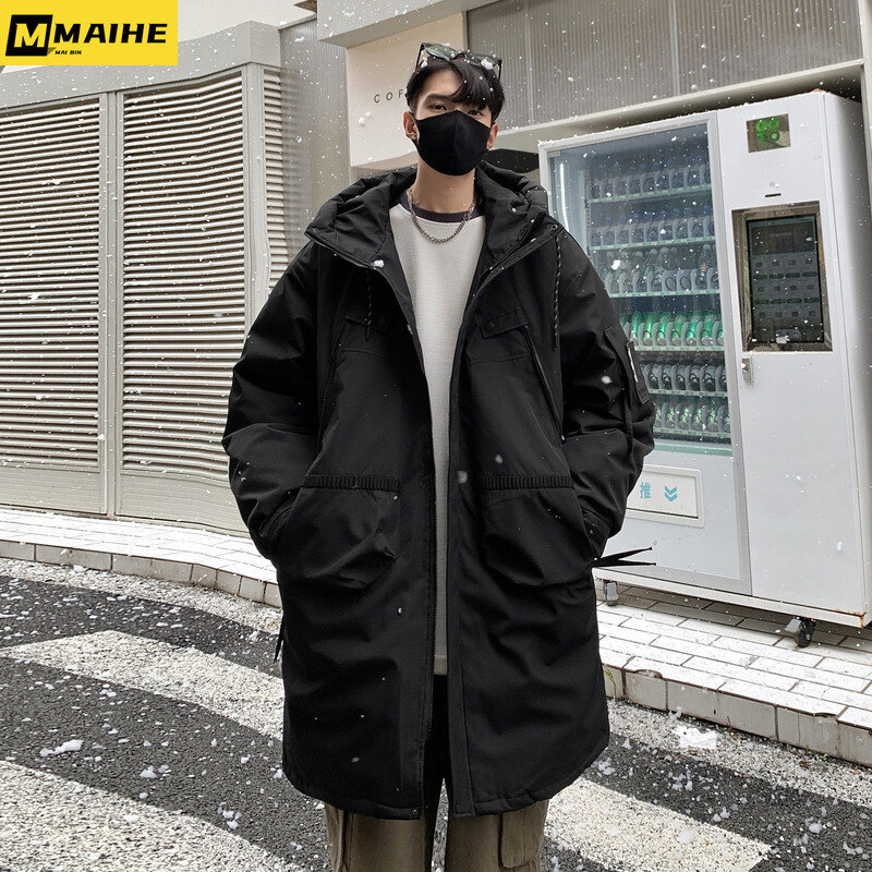 Jaket panjang bertudung untuk pria, jaket tebal tahan dingin hangat modis mewah tahan angin musim dingin untuk pria