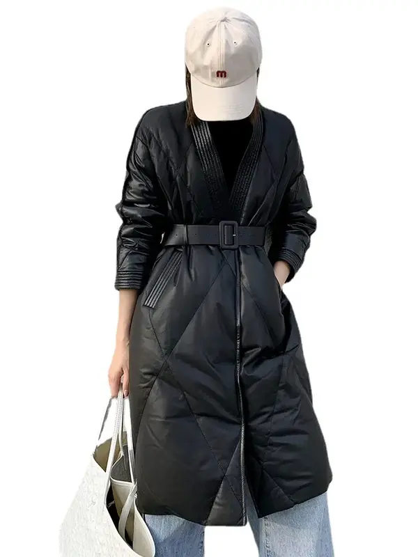 Tajeyane-Chaqueta de piel de oveja auténtica para mujer, abrigo largo con cinturón, invierno, 2023