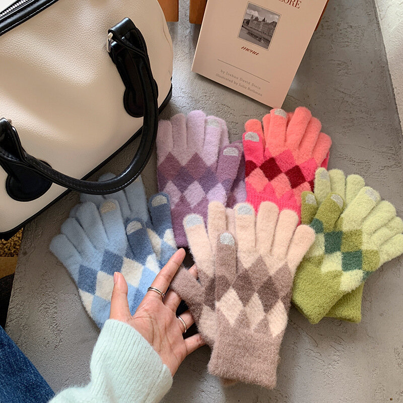 Women Winter Cycling Touch Screen Knitted Glove Students Fashion Warm Full Finger Mittens  Female Knitted Glove Wholesale T89
