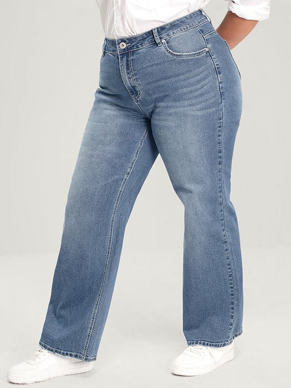 Jeans Wanita Ukuran Besar Lebar Kaki untuk Wanita Pinggang Tinggi Lurus Jeans Wanita Elastis Panjang Penuh 100 Kg Jeans Denim Tinggi 175 Cm