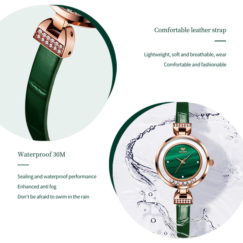 Olevs-女性用防水クォーツ腕時計,エレガントなグリーンレザー腕時計,シンプルなドレス,トップブランド,カジュアル,ファッション