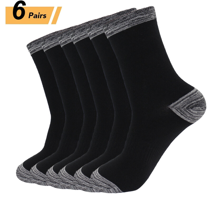 Calcetines largos de algodón de tubo medio para hombre, medias deportivas de ocio, color negro, para caminar, correr, regalos, talla 38-45, 6 pares