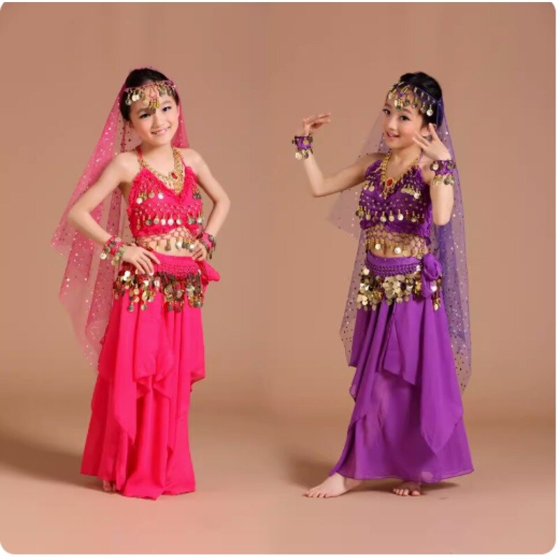 زي الرقص الشرقي للأطفال ، نمط وردي ، أزياء شرقية ، ملابس هندية ، 5 رقصات لكل مجموعة