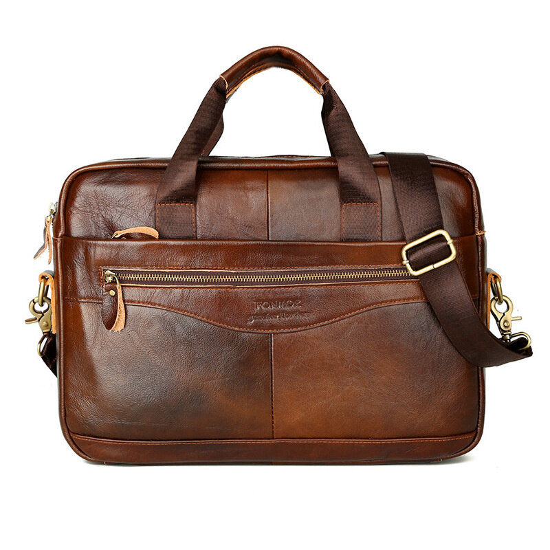 Genuine Leather Men's Briefcase Luxury Cowhide Handbag Large Capacity Male Shoulder Messenger Bag Business 14" Laptop Bag