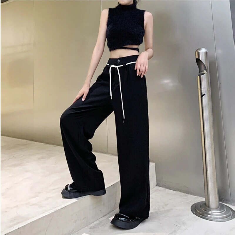 Traje negro de pierna ancha para mujer, pantalones de sastre holgados y rectos de cintura alta con cordón, nuevo diseño, para toda la temporada, 2022