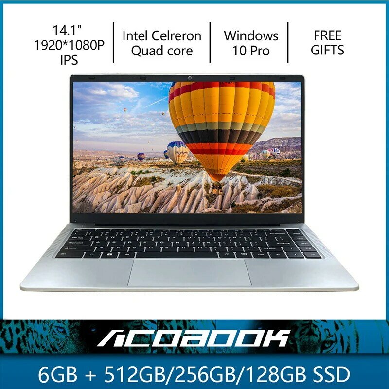 Laptop RAM 6GB 128/256/512GB SSD Notebook Windows 10 Pro Intel J4105 Celeron Quad Core màn Hình Hiển Thị 14.1 "Laptop WIFI BT HDMI