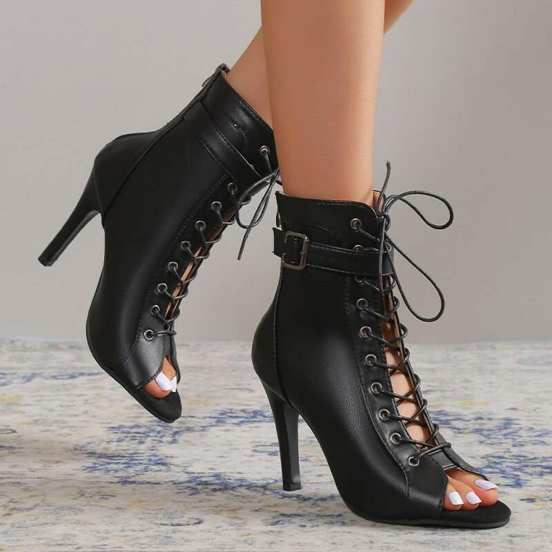 Крутые женские ботинки из искусственной кожи на шнуровке, лето 2023, Короткие ажурные ботинки на тонком и высоком каблуке, танцевальная обувь, рок ботинки с большим открытым носком