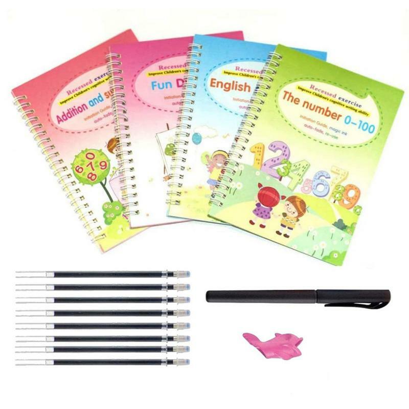 Práctica de escritura a mano acanalada, 4 libretas de práctica reutilizables para niños, libro de escritura a mano con diseño de ranura, práctica de escritura a mano para niños