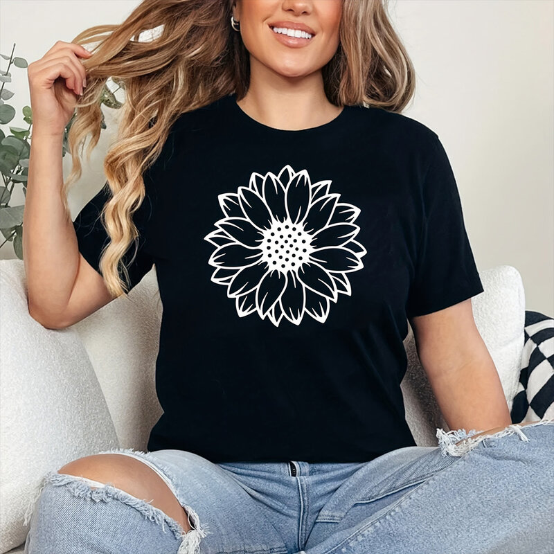 T-shirt imprimé à motif de fleurs pour femmes, haut d'été élégant, col rond, manches courtes, date, fête