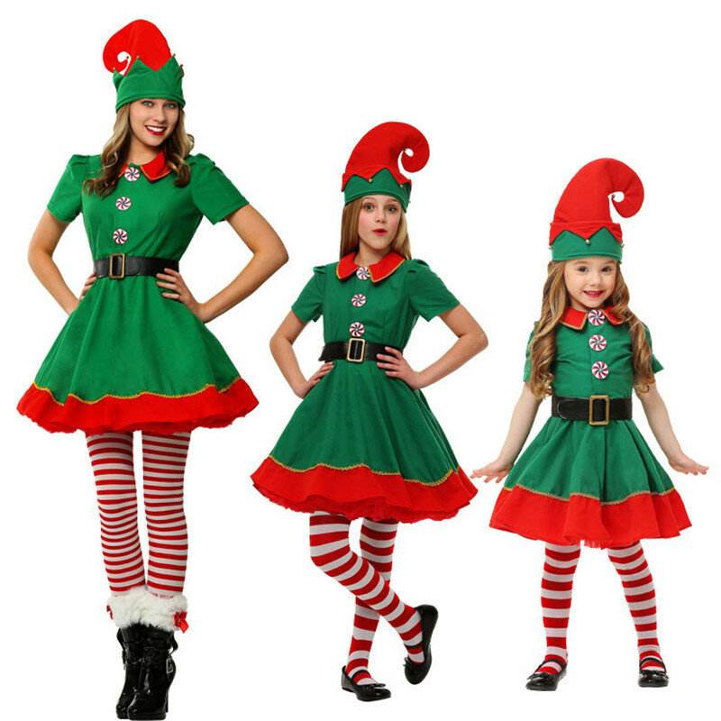 Adult Kids Family Christmas Costume Women Men Santa Claus Xmas New Year Party Cosplay Outfits Boys Girls Green Elf Fancy Dress