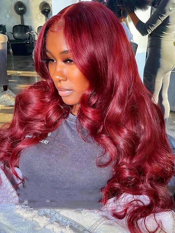 Peluca de cabello humano ondulado, Frontal de encaje postizo, color rojo borgoña 99J, 4x4, 34, 40 pulgadas, 13x6, HD, Venta barata